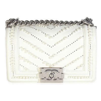 White Calfskin Pearl Chevron Small Boy Bag