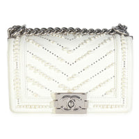 White Calfskin Pearl Chevron Small Boy Bag