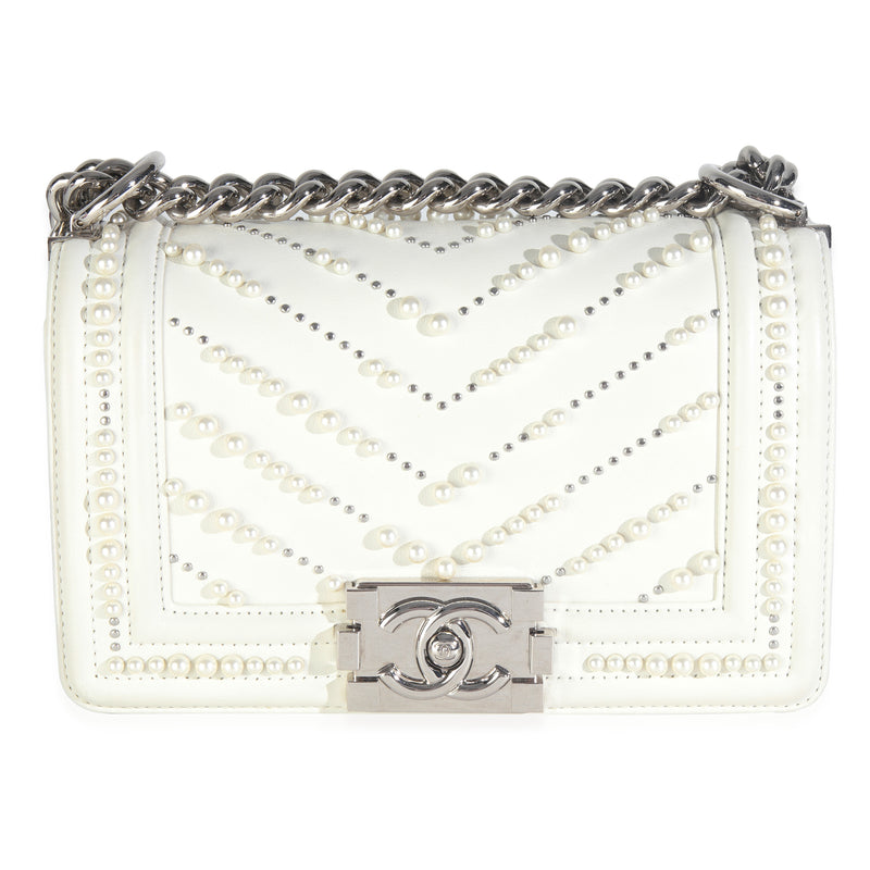 White Calfskin Pearl Chevron Small Boy Bag
