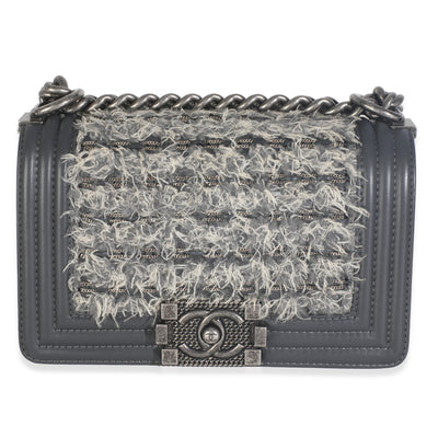 Chanel Grey Tweed Black Calfskin Small Boy Bag Handbag fv