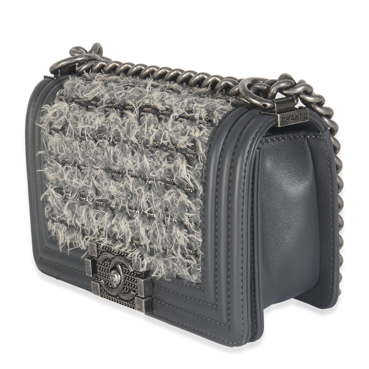 Grey Tweed Black Calfskin Small Boy Bag