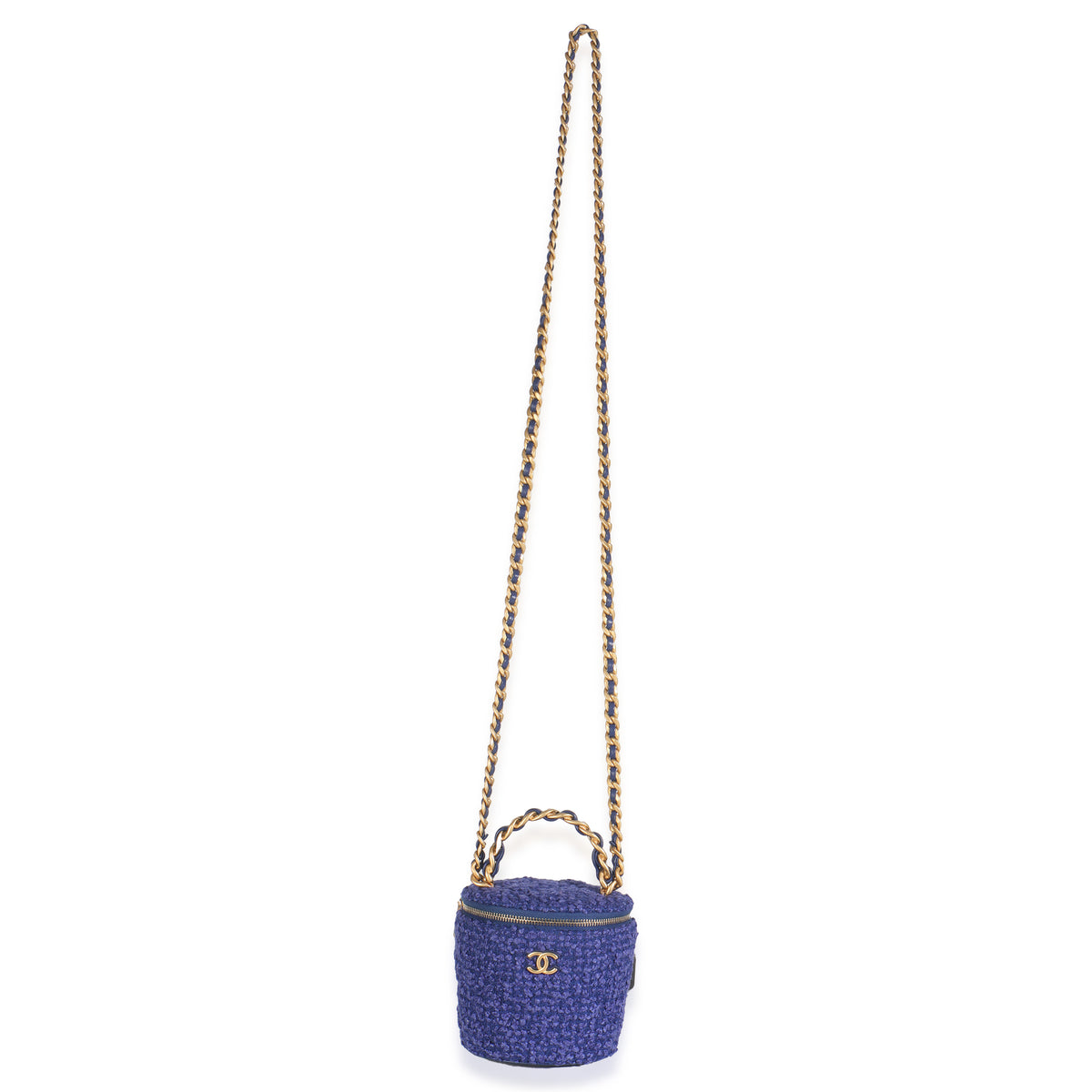 Chanel Blue Quilted Tweed Afternoon Tea Top Handle Vanity Case With Chain Handbag av