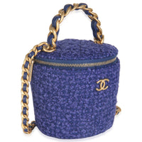 Chanel Blue Quilted Tweed Afternoon Tea Top Handle Vanity Case With Chain Handbag pv