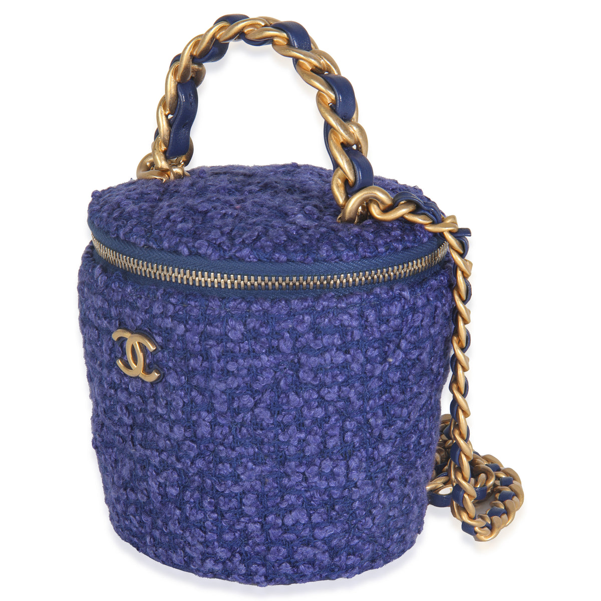 Blue Quilted Tweed Afternoon Tea Top Handle Vanity Case With Chain