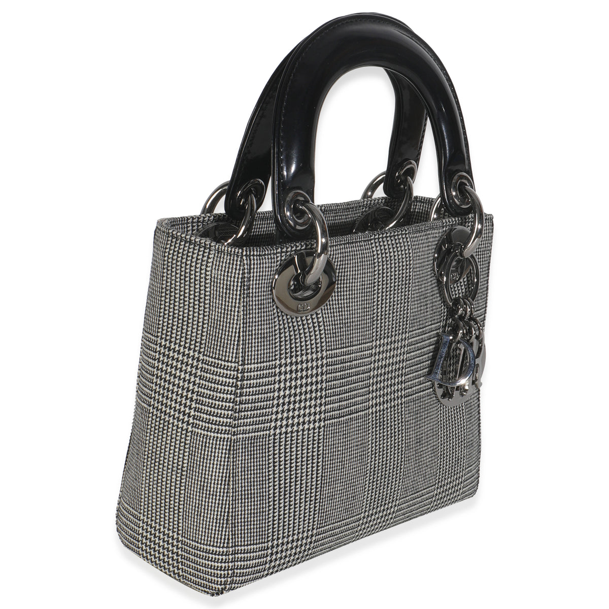 Christian Dior Vintage Black White Houndstooth Canvas Mini Lady Dior Handbag pv