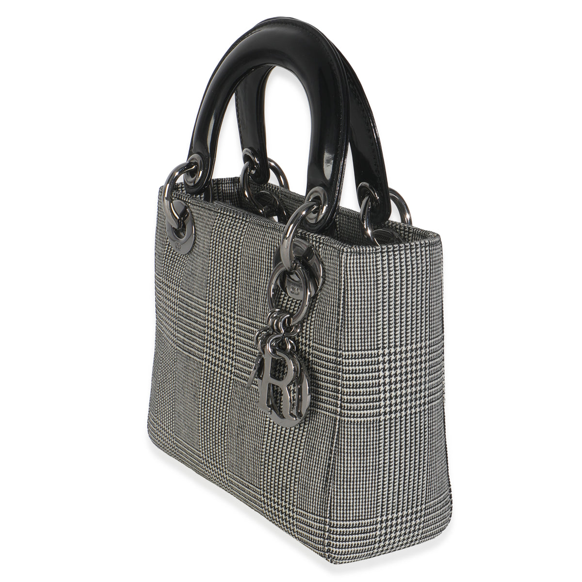 Christian Dior Vintage Black White Houndstooth Canvas Mini Lady Dior Handbag sv