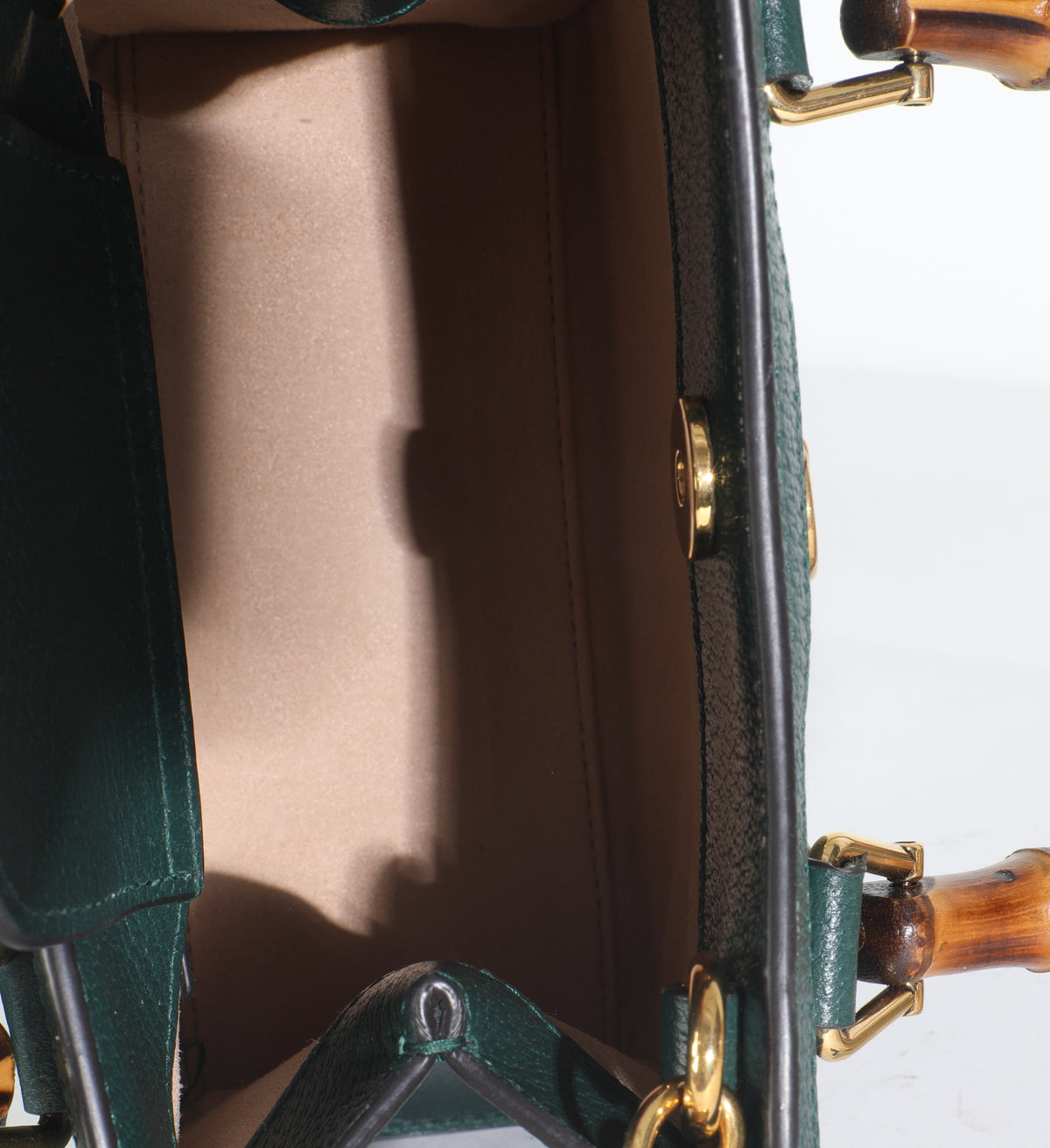 Dark Green Textured Dollar Calfskin Mini Diana Bamboo Top Handle Bag