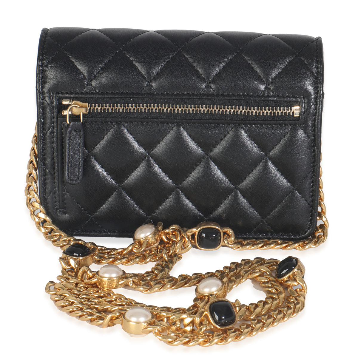 Black Quilted Lambskin CC Pearl Enamel Clutch On Chain