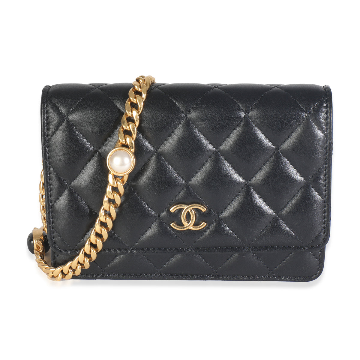 Black Quilted Lambskin CC Pearl Enamel Clutch On Chain