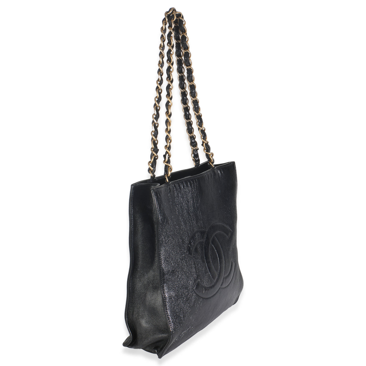 Chanel Black Shiny Aged Calfskin North South Shopping Bag Handbag pv