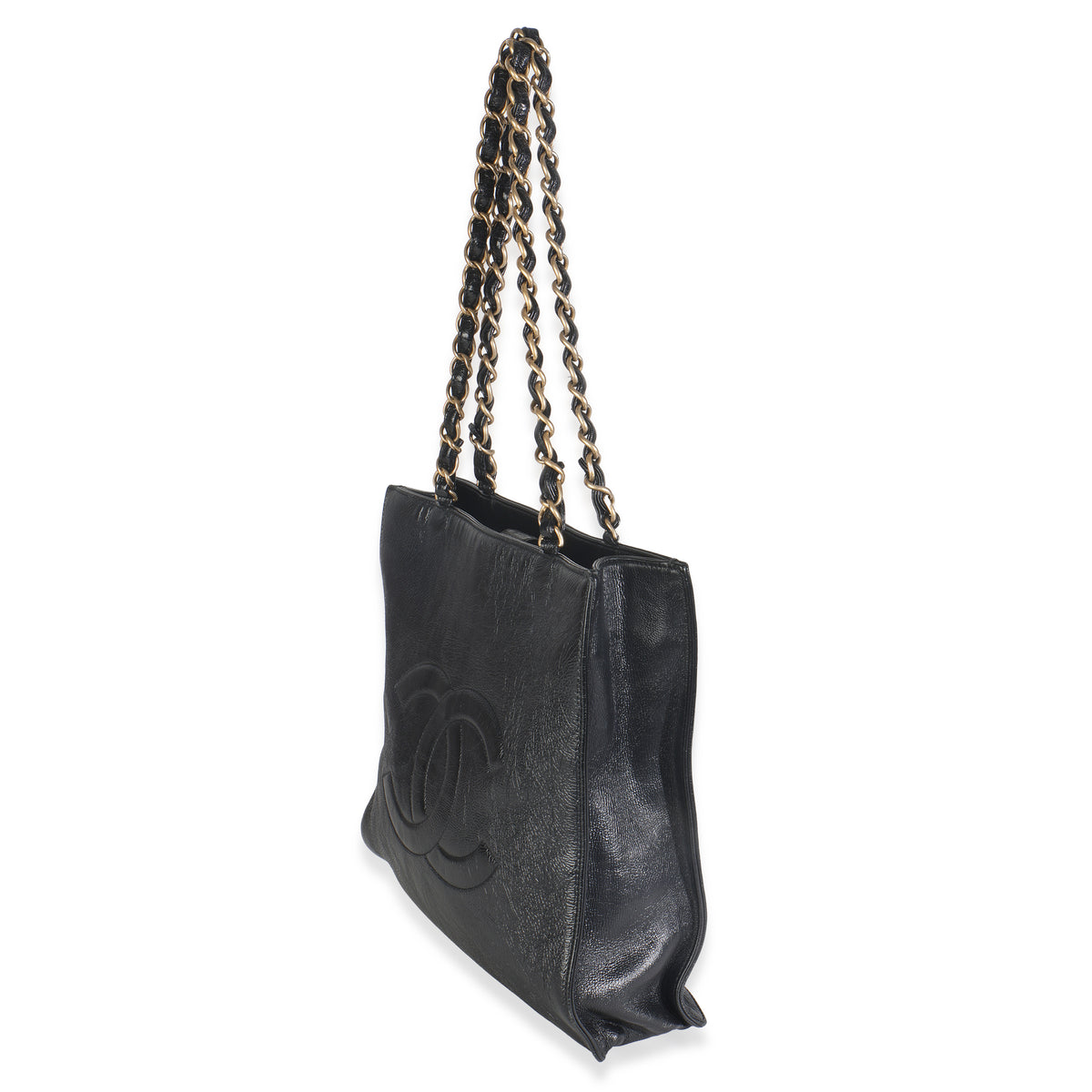 Chanel Black Shiny Aged Calfskin North South Shopping Bag Handbag sv