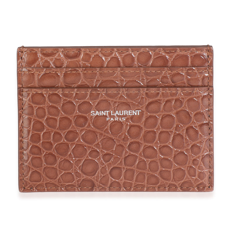 Saint Laurent Brown Croc Embossed Calfskin Logo Card Holder Wallet fv