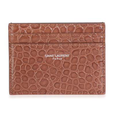 Brown Croc Embossed Calfskin Logo Card Holder