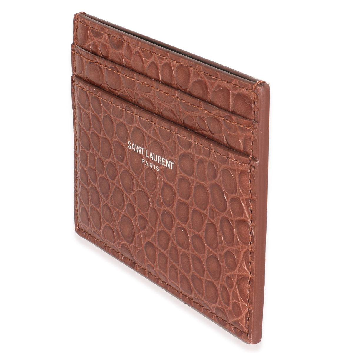 Brown Croc Embossed Calfskin Logo Card Holder