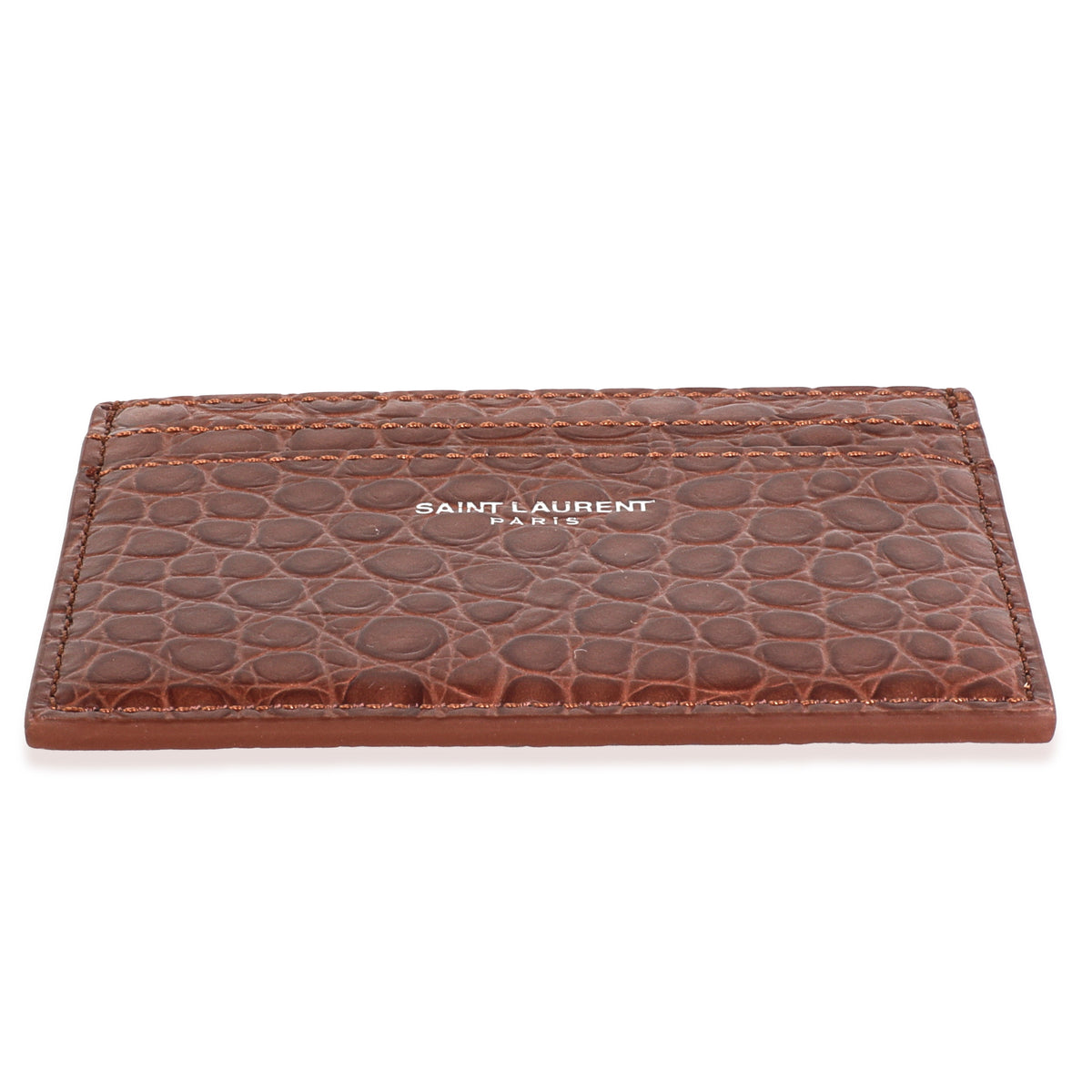 Saint Laurent Brown Croc Embossed Calfskin Logo Card Holder Wallet stamp