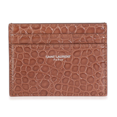 Saint Laurent Brown Croc Embossed Calfskin Logo Card Holder Wallet fv