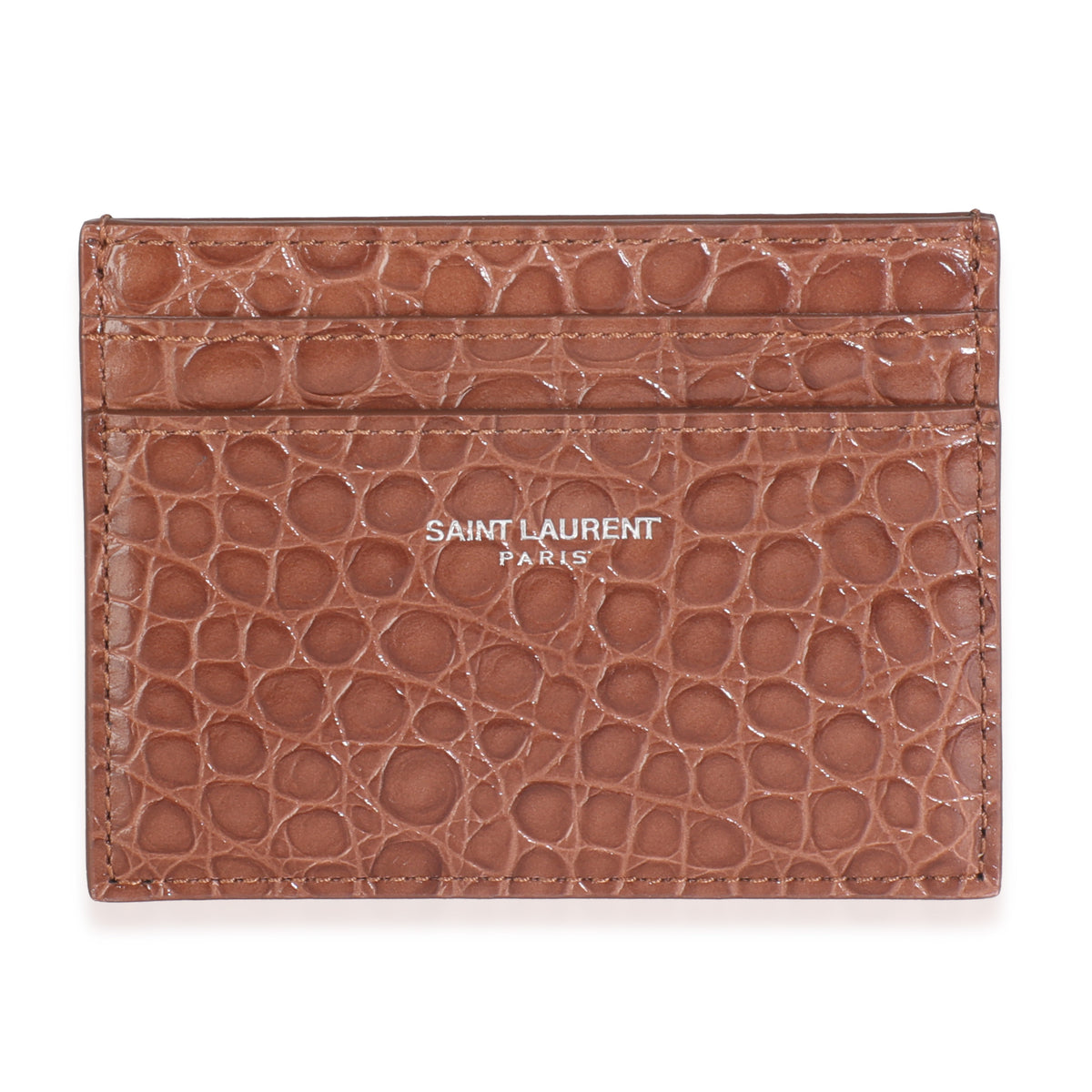Saint Laurent Brown Croc Embossed Calfskin Logo Card Holder Wallet fv