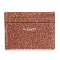 Saint Laurent Brown Croc Embossed Calfskin Logo Card Holder Wallet fv
