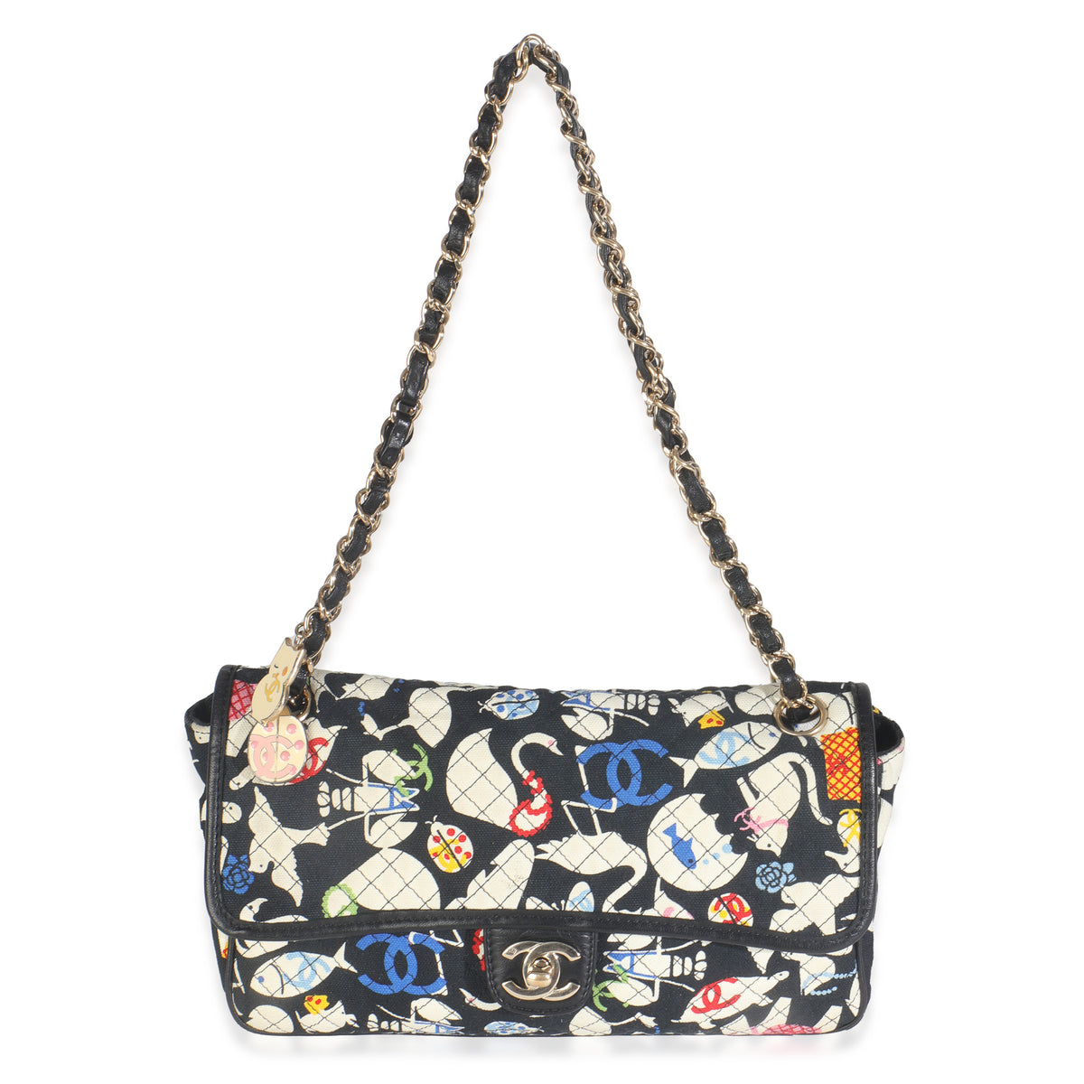 Multicolor Quilted Canvas Animal Print Single Flap Bag