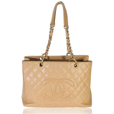 Beige Quilted Caviar Grand Shopper Tote