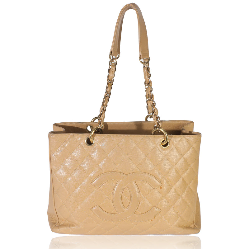 Beige Quilted Caviar Grand Shopper Tote