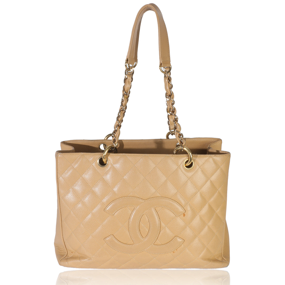 Beige Quilted Caviar Grand Shopper Tote
