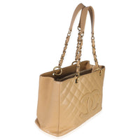 Beige Quilted Caviar Grand Shopper Tote