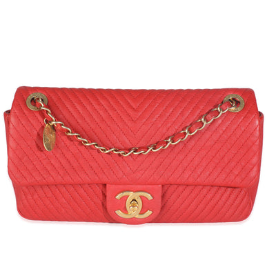 Chanel Red Wrinkled Chevron Quilted Lambskin Medium Surpique Flap Bag Handbag fv