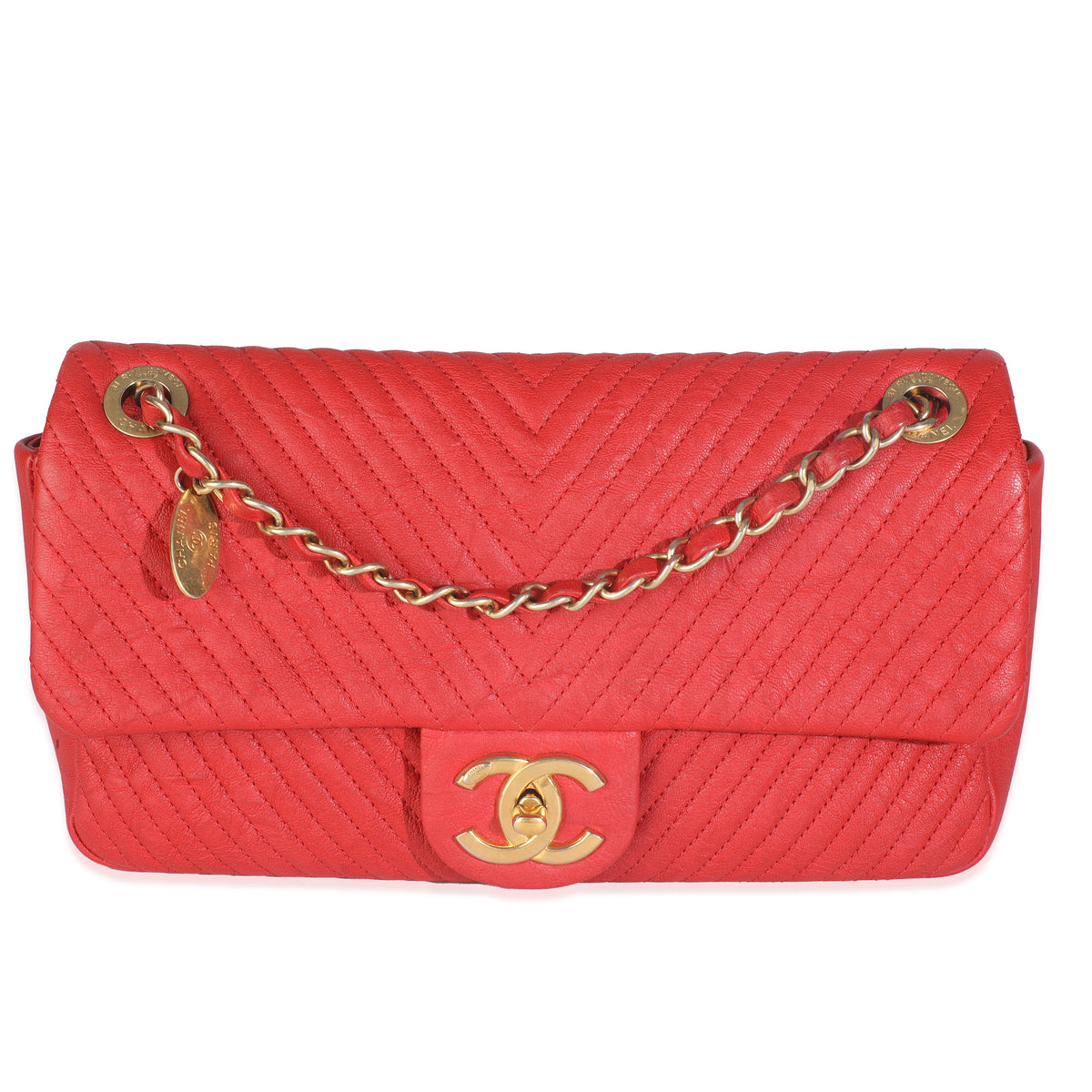 Chanel Red Wrinkled Chevron Quilted Lambskin Medium Surpique Flap Bag Handbag fv