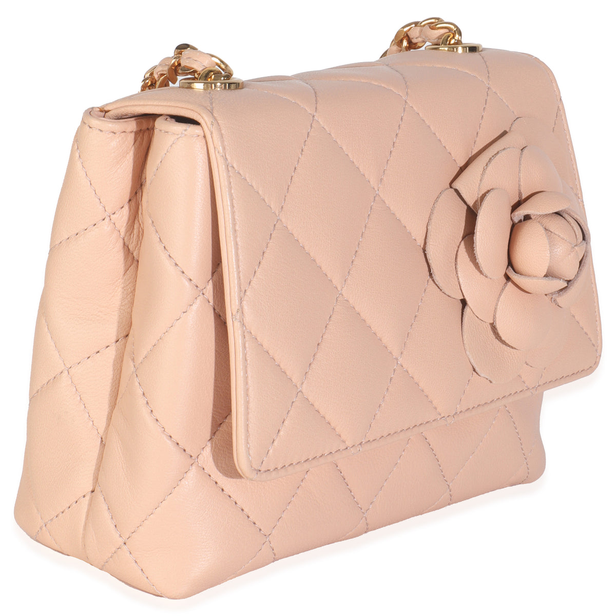 Chanel Vintage Beige Quilted Lambskin Mini Camellia Flap Bag Handbag bv