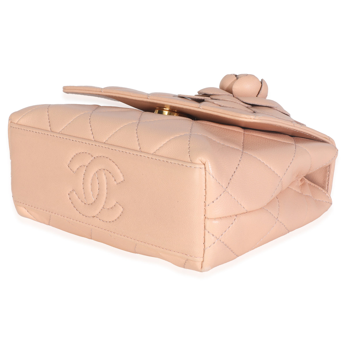 Chanel Vintage Beige Quilted Lambskin Mini Camellia Flap Bag Handbag clasp