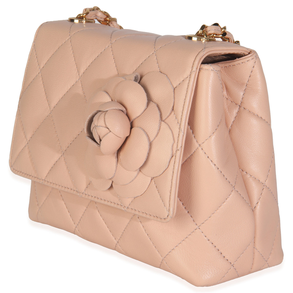 Chanel Vintage Beige Quilted Lambskin Mini Camellia Flap Bag Handbag sv