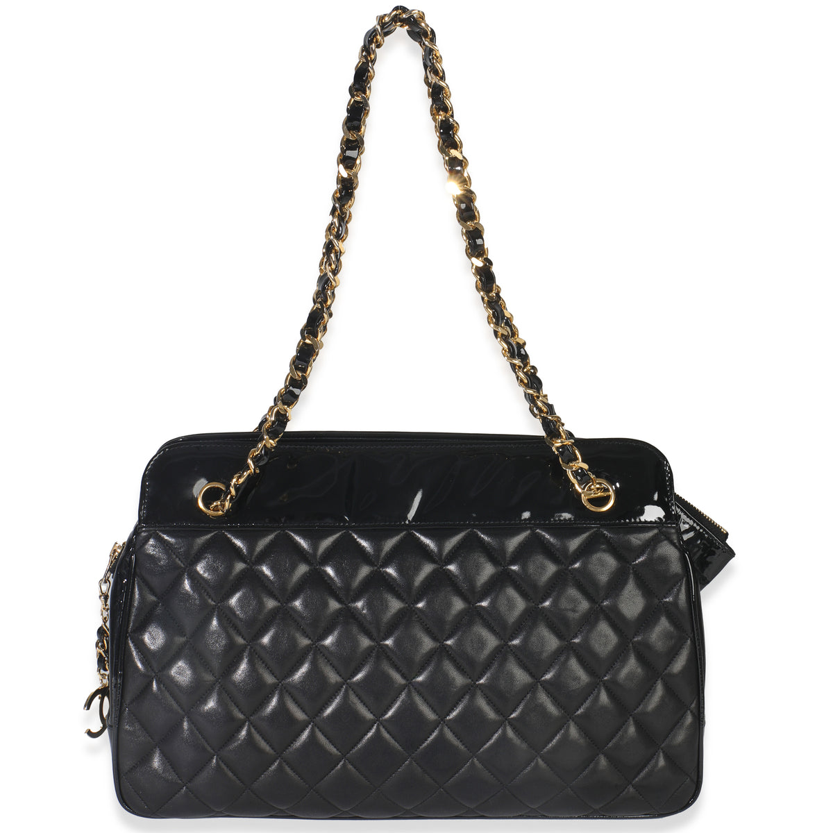Chanel Vintage Black Quilted Lambskin Patent CC Charm Tote Handbag ad1