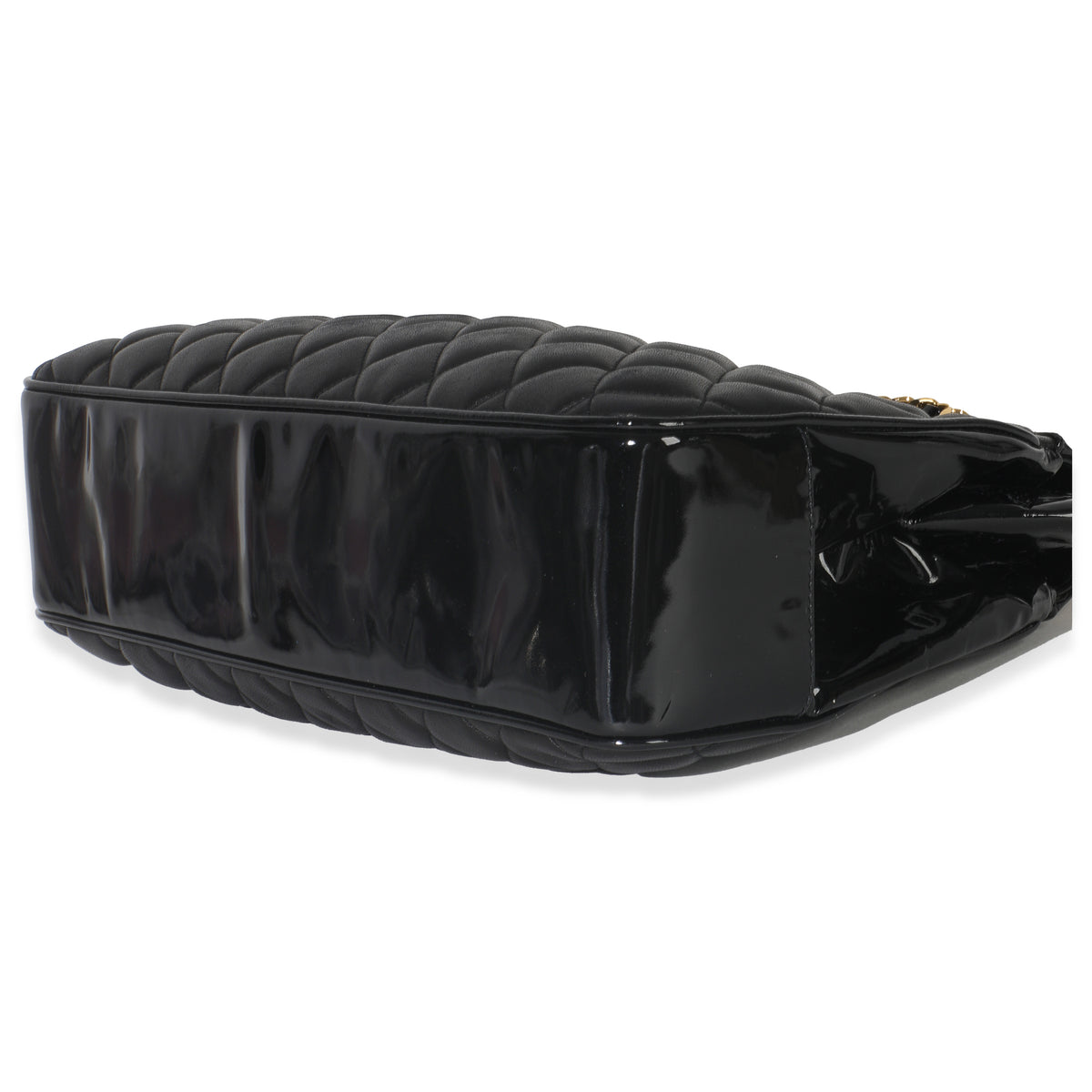 Chanel Vintage Black Quilted Lambskin Patent CC Charm Tote Handbag box