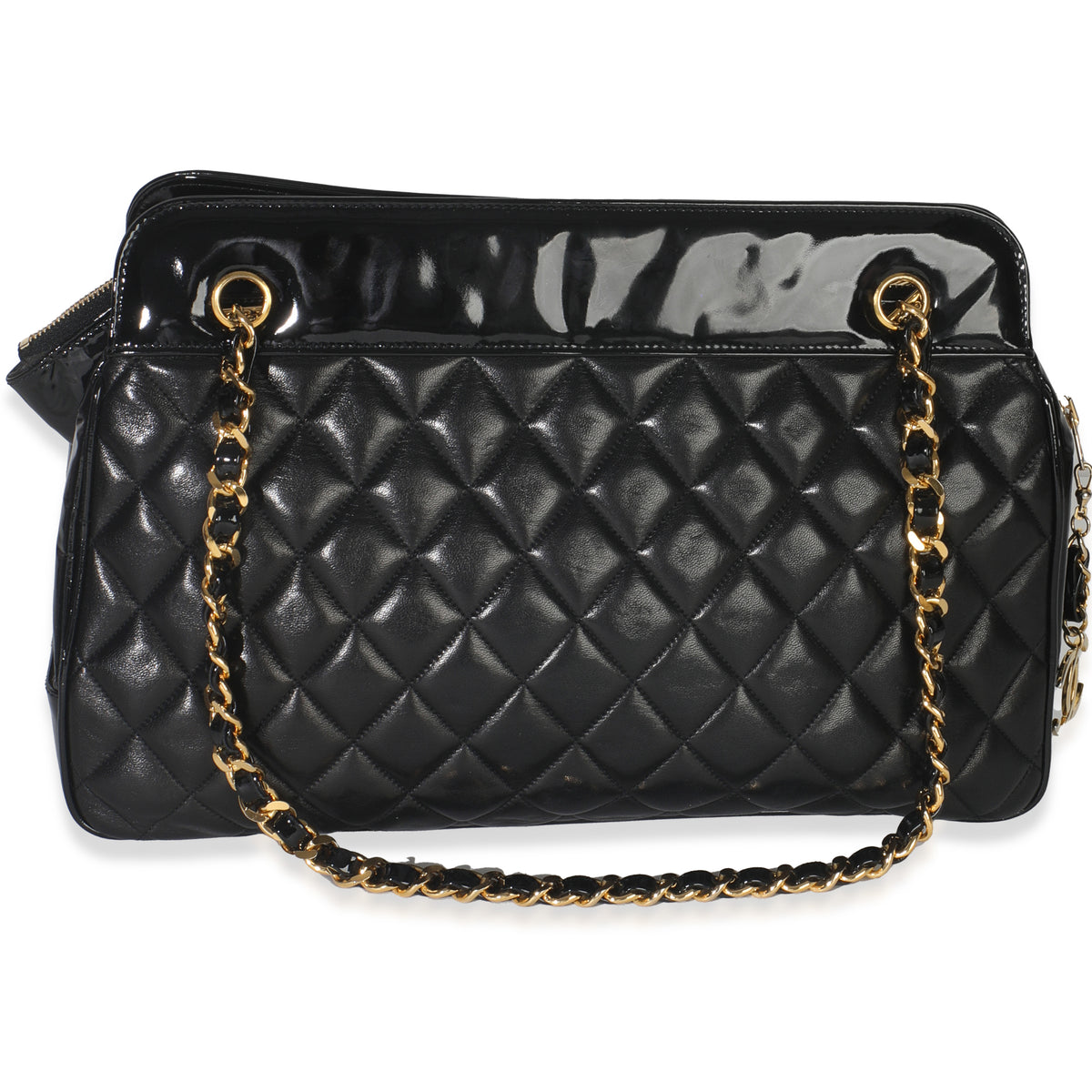 Chanel Vintage Black Quilted Lambskin Patent CC Charm Tote Handbag bv