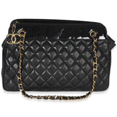 Chanel Vintage Black Quilted Lambskin Patent CC Charm Tote Handbag fv