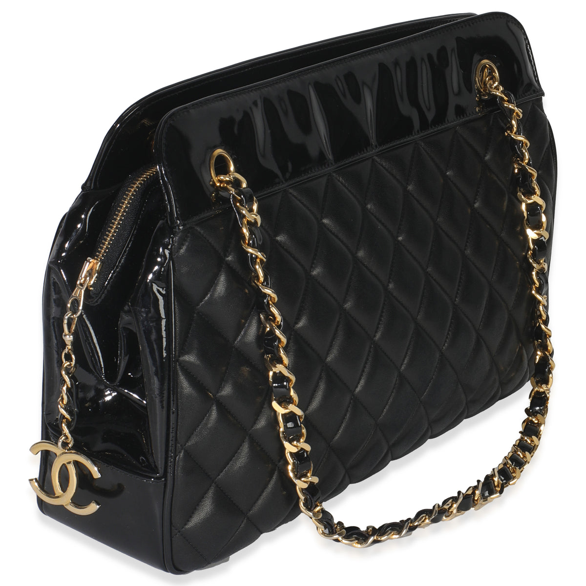 Chanel Vintage Black Quilted Lambskin Patent CC Charm Tote Handbag pv