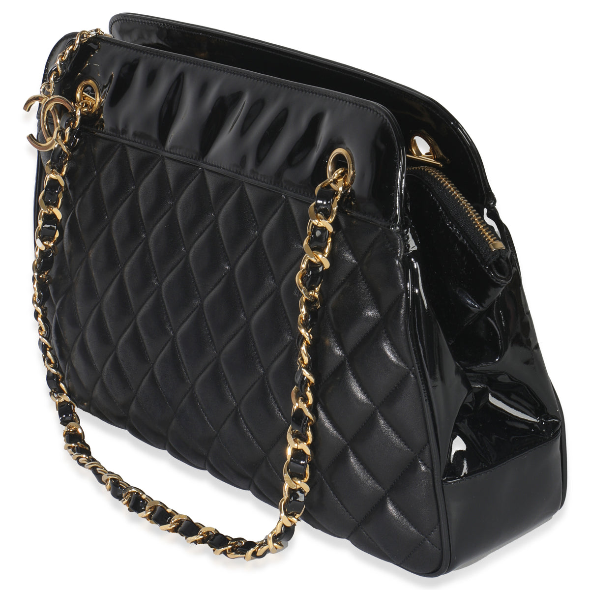 Chanel Vintage Black Quilted Lambskin Patent CC Charm Tote Handbag sv