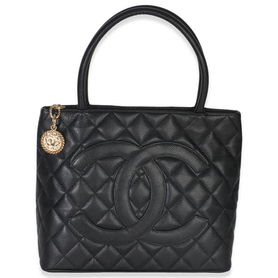 Chanel Vintage Black Quilted Caviar Medallion Tote Handbag fv