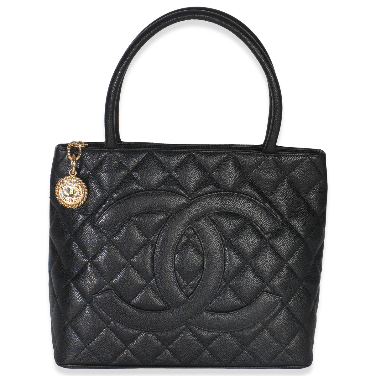 Chanel Vintage Black Quilted Caviar Medallion Tote Handbag fv