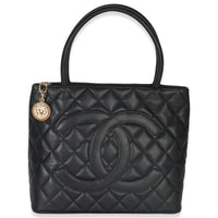 Chanel Vintage Black Quilted Caviar Medallion Tote Handbag fv