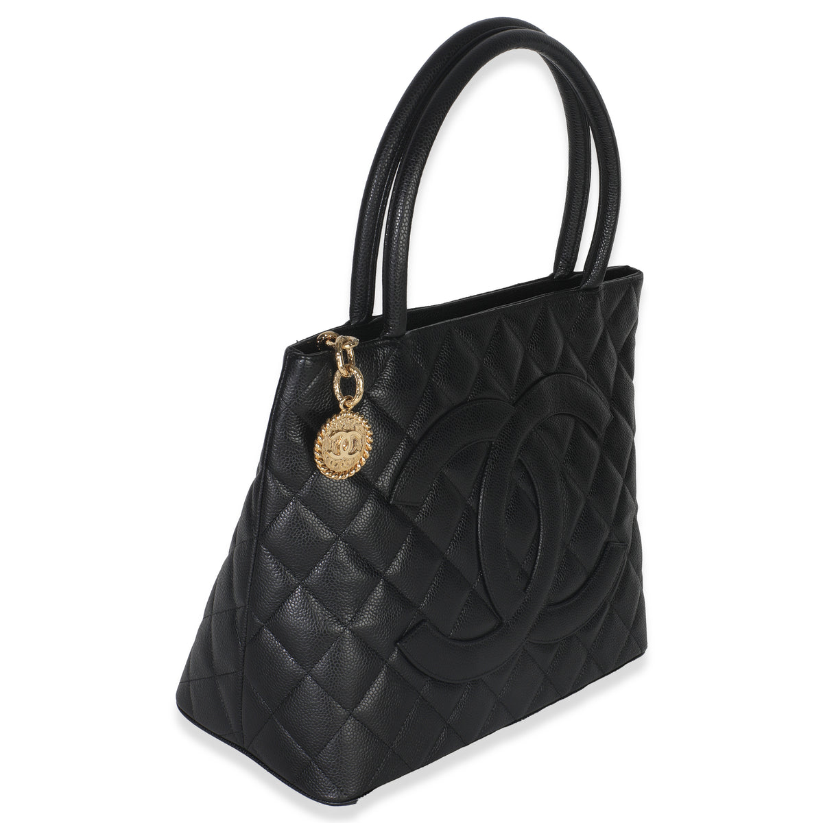 Chanel Vintage Black Quilted Caviar Medallion Tote Handbag pv