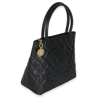 Chanel Vintage Black Quilted Caviar Medallion Tote Handbag pv