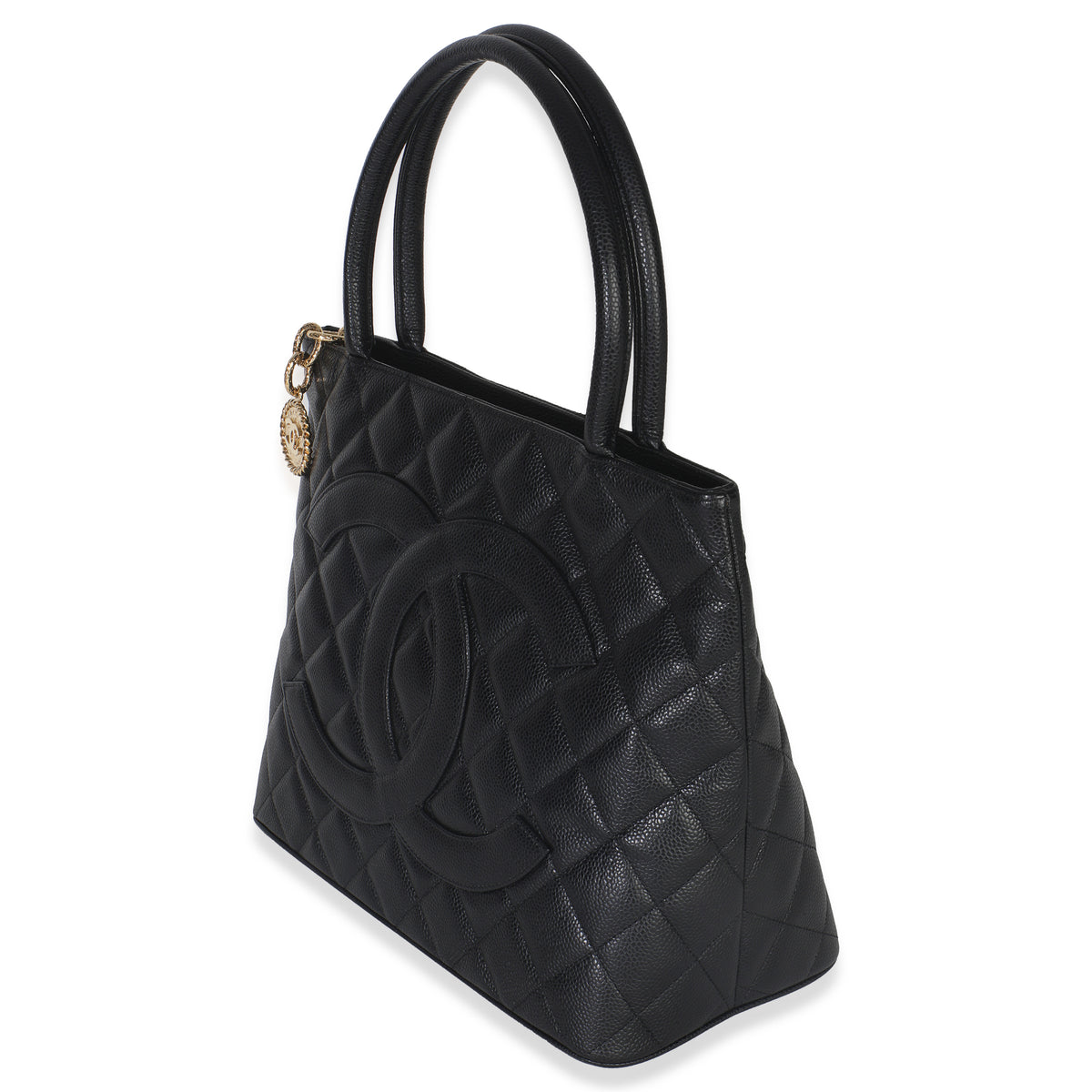 Chanel Vintage Black Quilted Caviar Medallion Tote Handbag sv