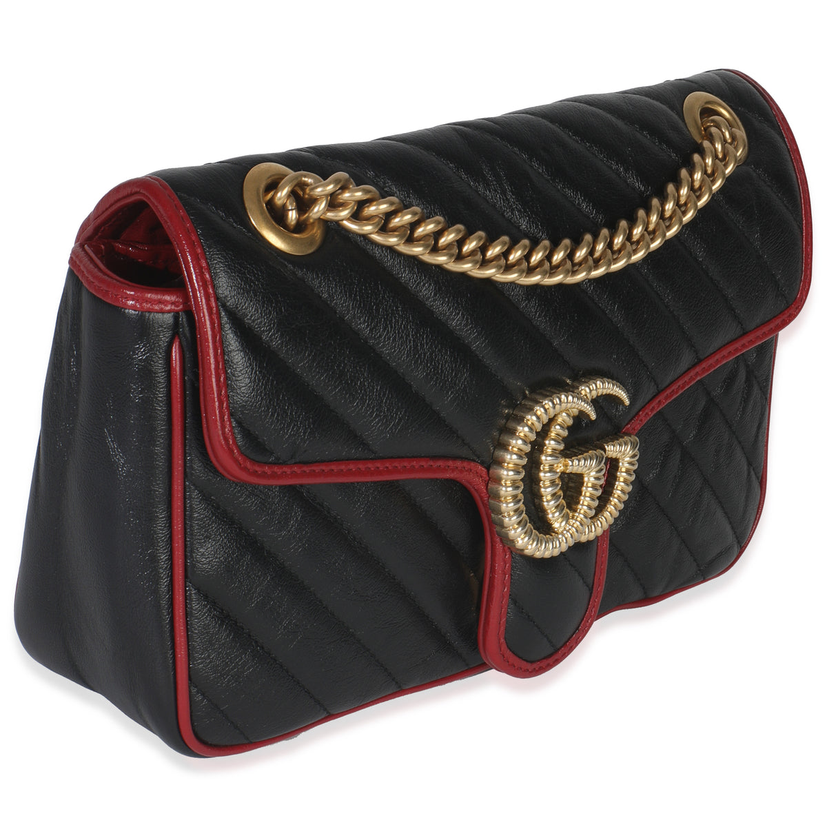 Gucci Red Black Calfskin Torchon Small GG Marmont Bag Handbag pv