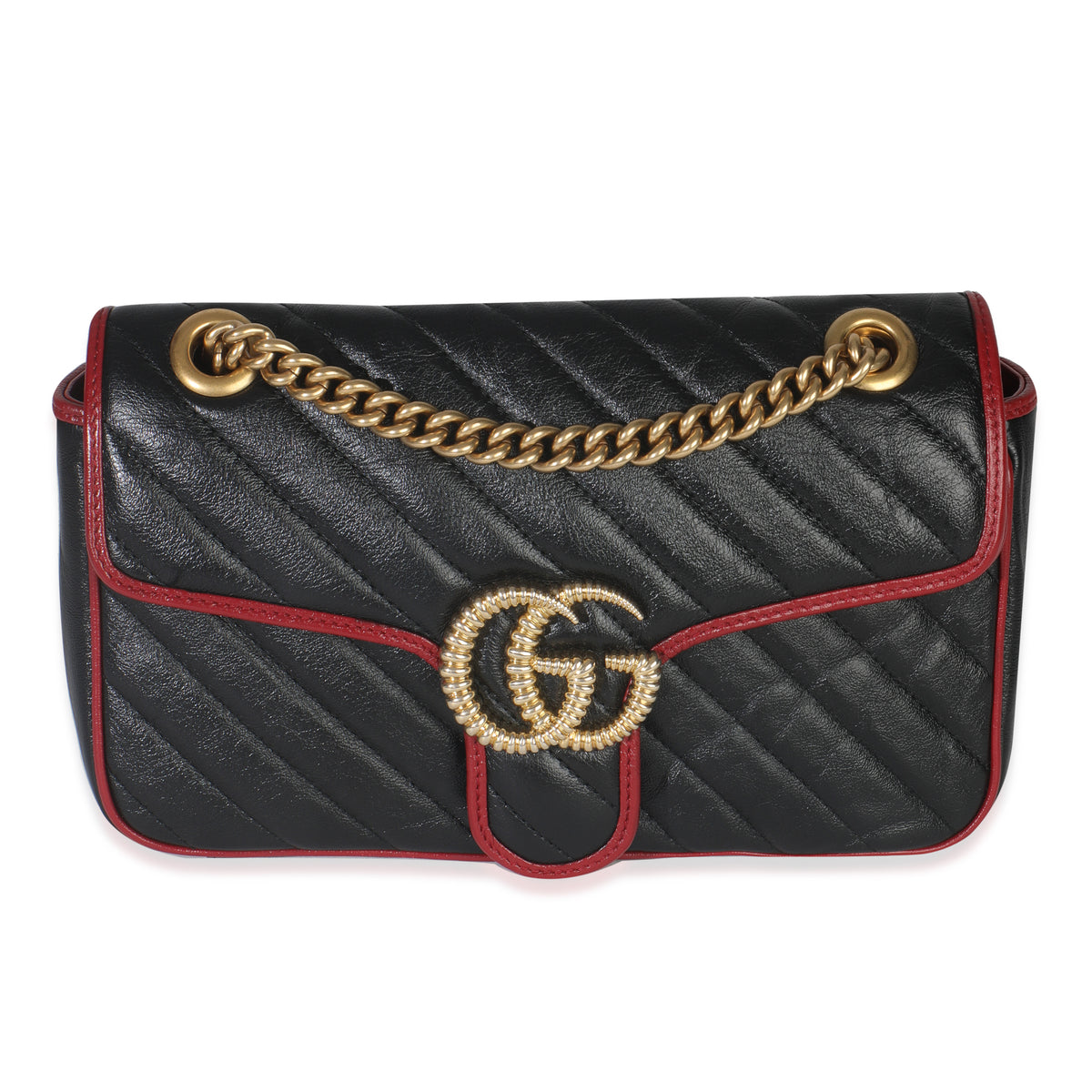 Gucci Red Black Calfskin Torchon Small GG Marmont Bag Handbag fv