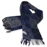 Loewe Blue Grey Wool Cashmere Double Face Anagram Fringe Scarf fv