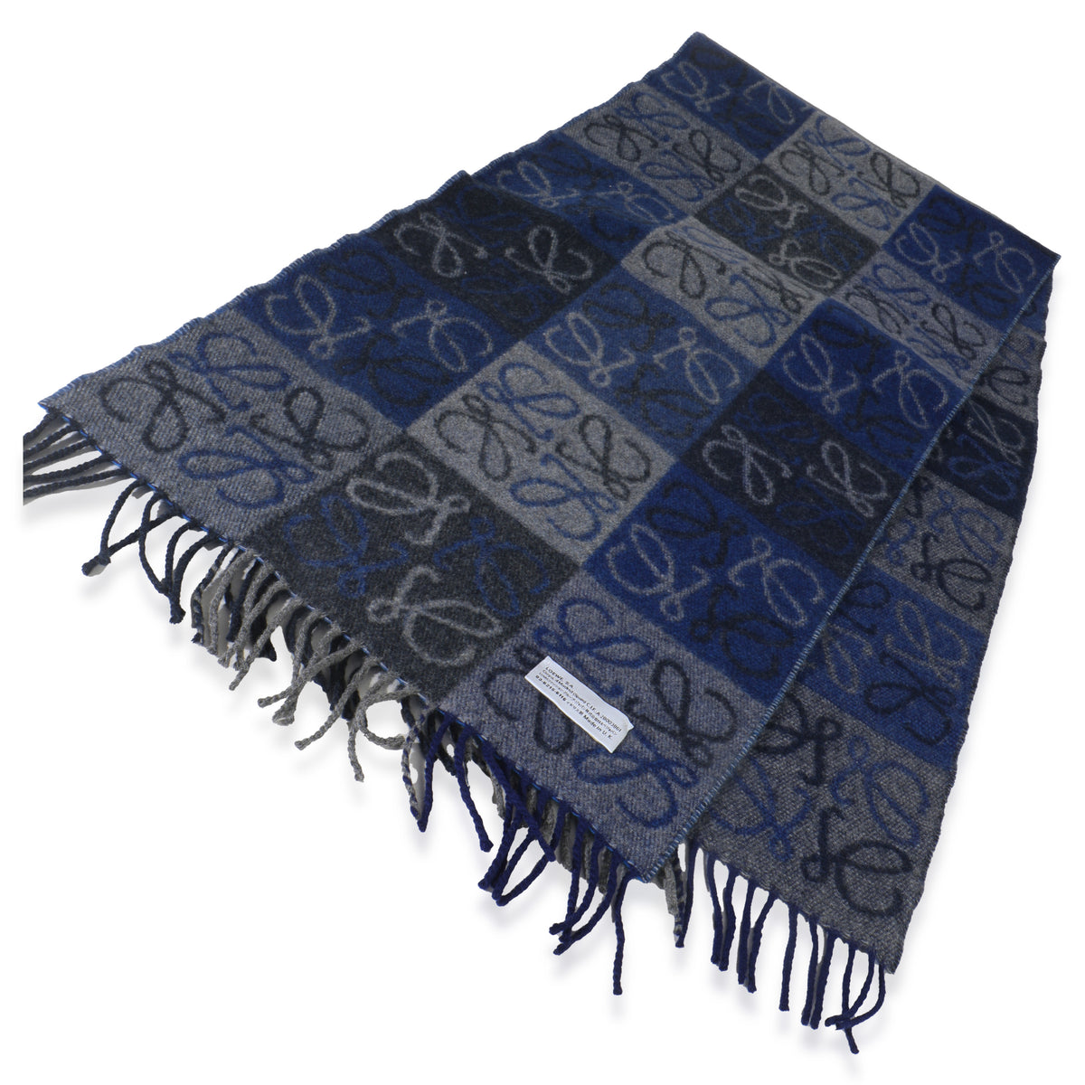 Loewe Blue Grey Wool Cashmere Double Face Anagram Fringe Scarf pv