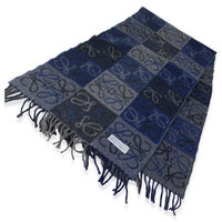 Blue Grey Wool Cashmere Double Face Anagram Fringe Scarf
