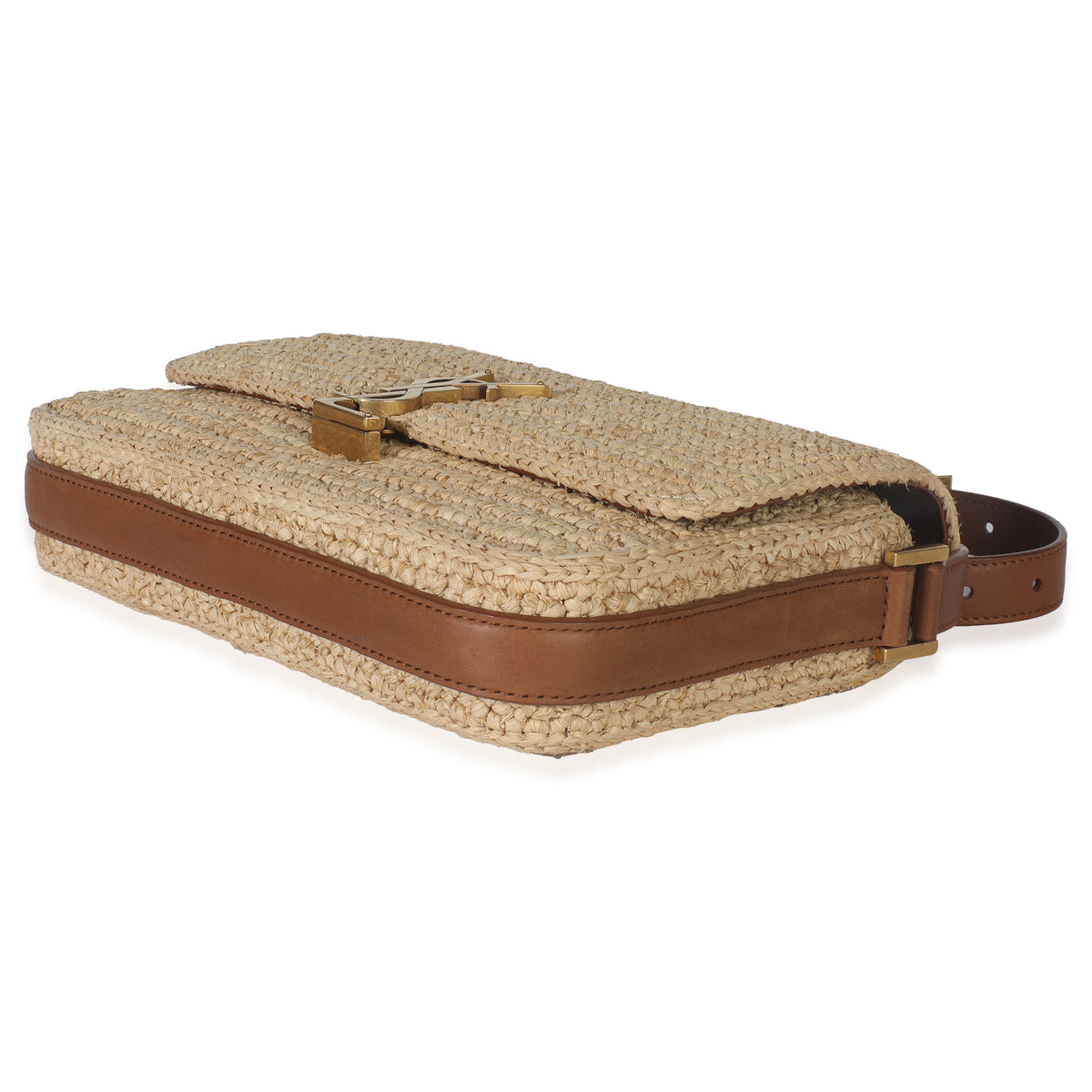 Beige Raffia Tan Calfskin Medium Monogram Solferino Satchel